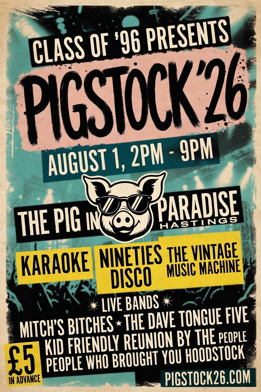 Pigstock &rsquo;26 poster with a turquoise ground and illustrated pig emblem